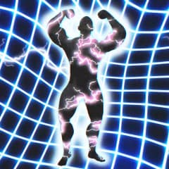A muscular silhouette flexes its arms, glowing with pink lightning-like patterns against a glowing blue grid background.