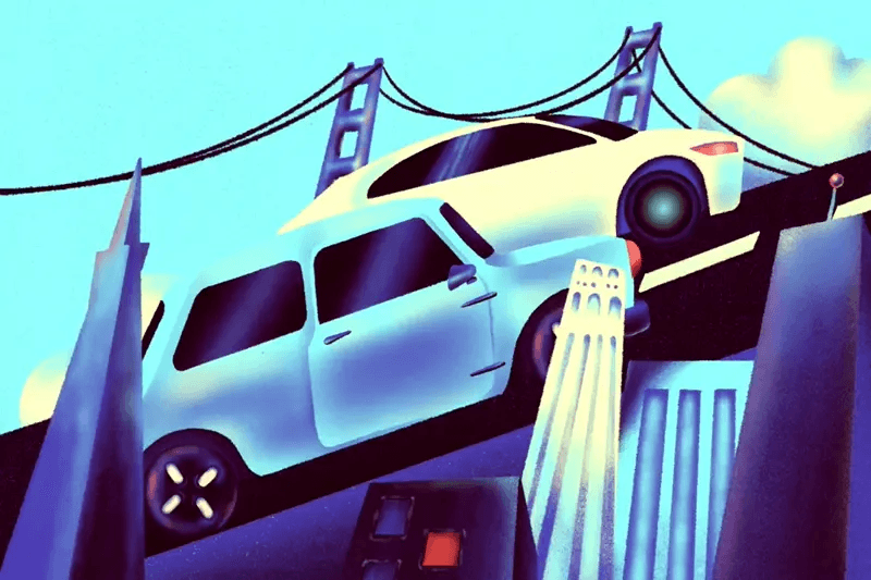 Two cars, one white and one blue, are driving uphill on a stylized bridge. The scene includes bridge towers and cloudy skies, creating a vibrant, dynamic look.