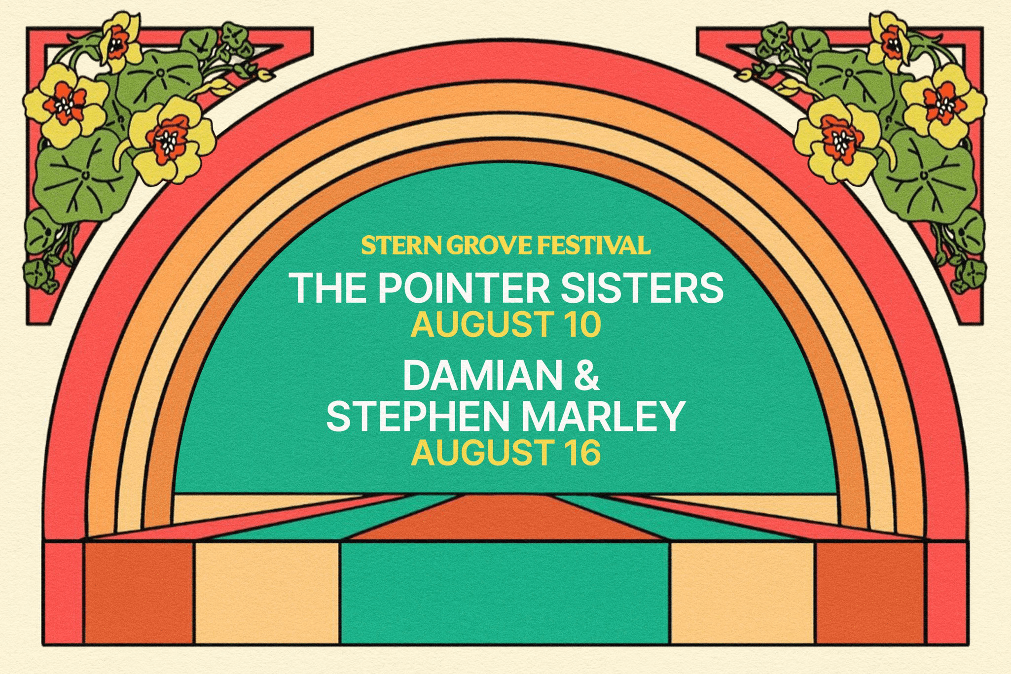 The image is a colorful graphic for the Stern Grove Festival. It announces performances by The Pointer Sisters on August 10 and Damian & Stephen Marley on August 16.
