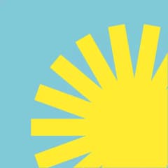 A large, bright yellow stylized sun with long, rectangular rays radiates from the right side on a solid light blue background.