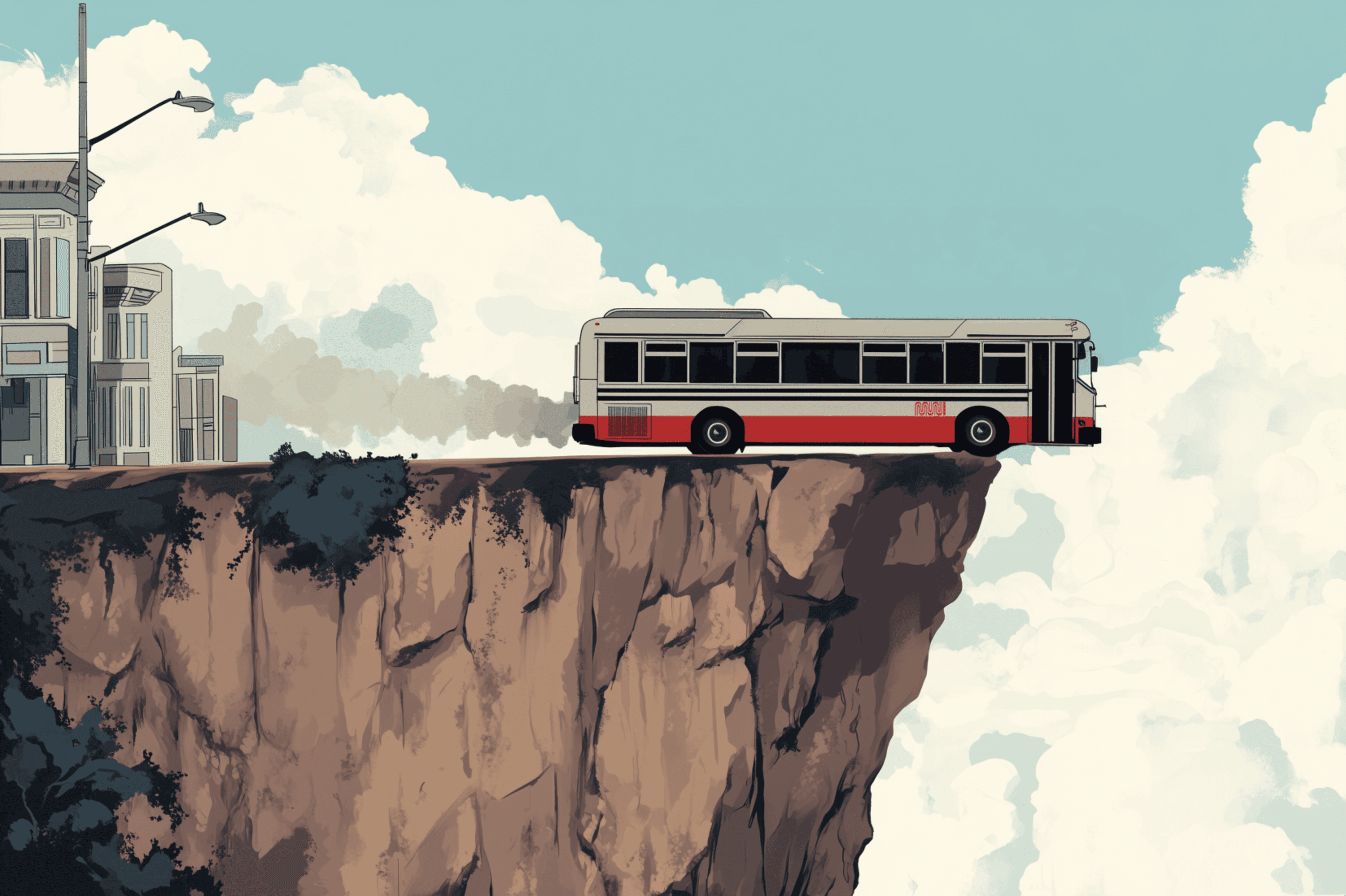 A bus is perched precariously on the edge of a cliff, with a city building and streetlights behind it, and fluffy clouds below in the background.