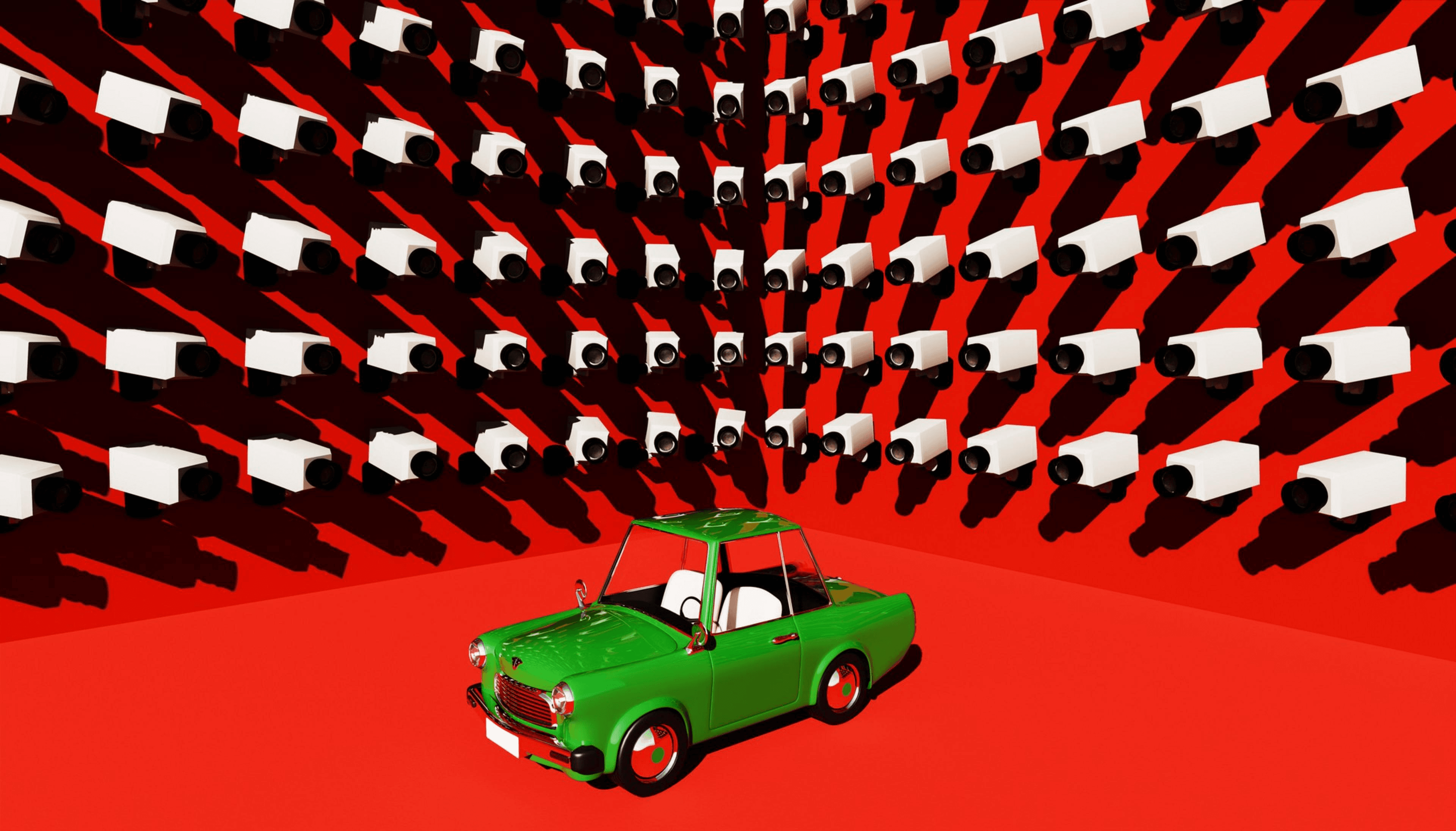This playful yet thought-provoking image features a cartoon-style green car surrounded by an overwhelming number of CCTV cameras, all directed at it, symbolizing the increasing concerns around surveillance and privacy in the modern world. The juxtaposition of a whimsical, light-hearted car with the serious issue of constant monitoring underscores the tension between personal freedom and the pervasive presence of security measures. Ideal for illustrating themes of surveillance, privacy invasion, and the growing influence of technology in everyday life, this stock image is perfect for marketing campaigns, digital security content, and discussions around personal privacy. The design allows for easy customization with logos, taglines, and branding elements.