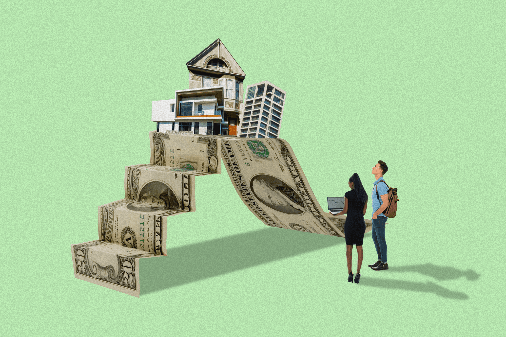 Two people stand on a green background, facing a staircase made of dollar bills leading to various houses, symbolizing financial steps towards home ownership.