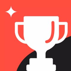 A white trophy cup with two handles sits against a red and black background, with a white sparkle shape appearing near the top left corner.