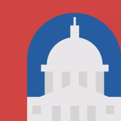 A white dome-shaped government building with columns stands before a blue semicircle, framed by a red border on the left and top sides.