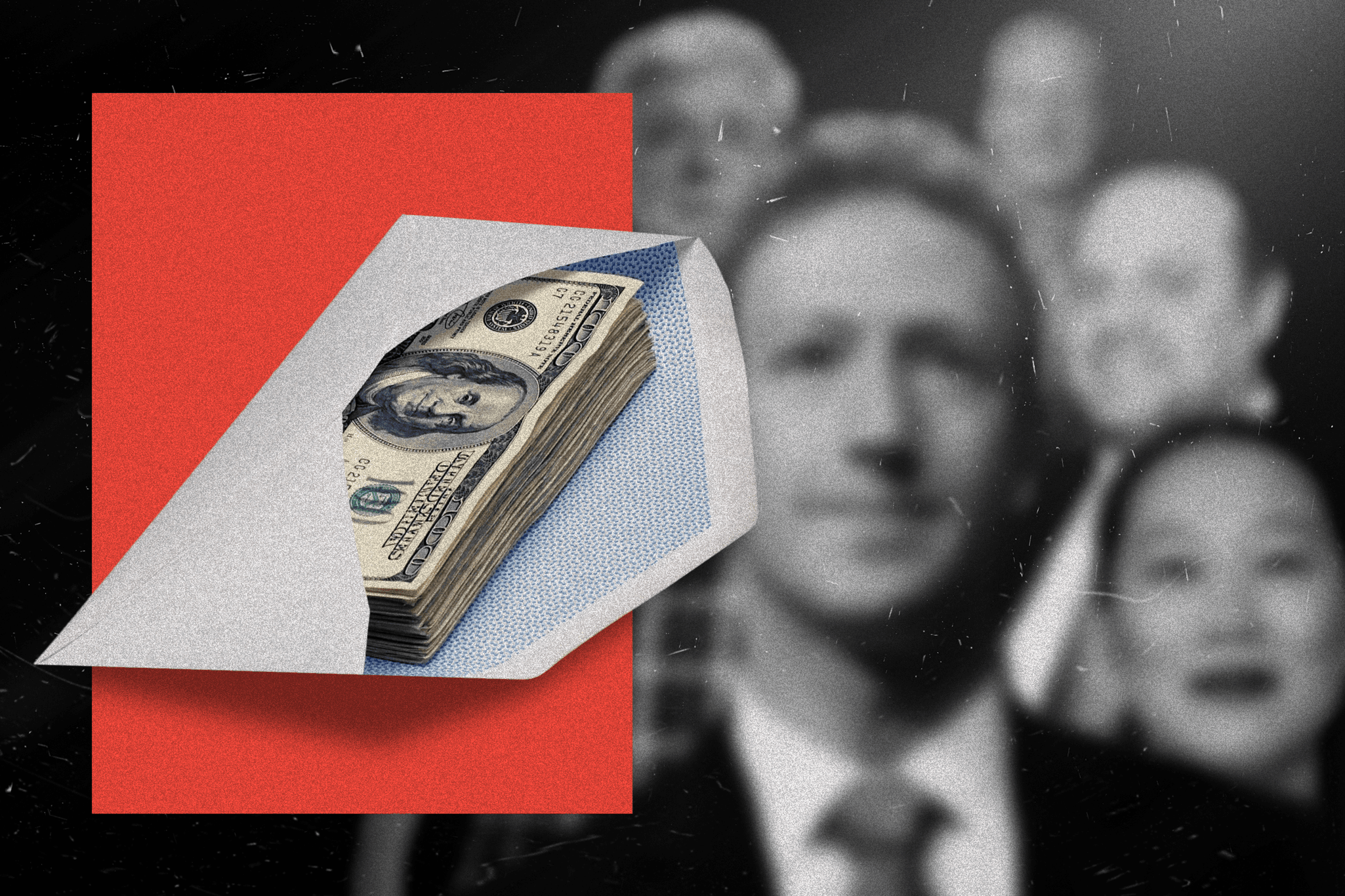 An envelope filled with a stack of hundred-dollar bills is positioned against a red rectangle. The background features blurred black-and-white faces.