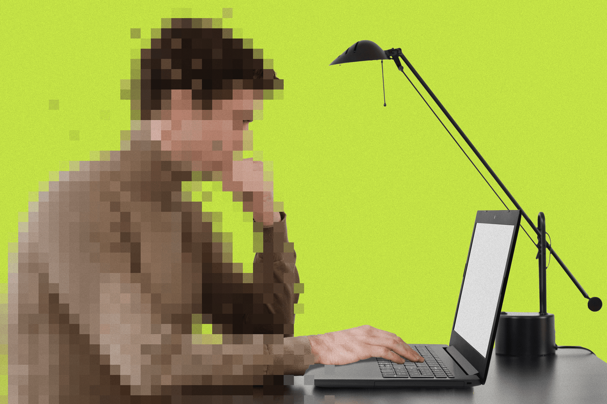 A pixelated person sits at a desk using a laptop with a blank screen, next to a black lamp, against a bright yellow-green background.