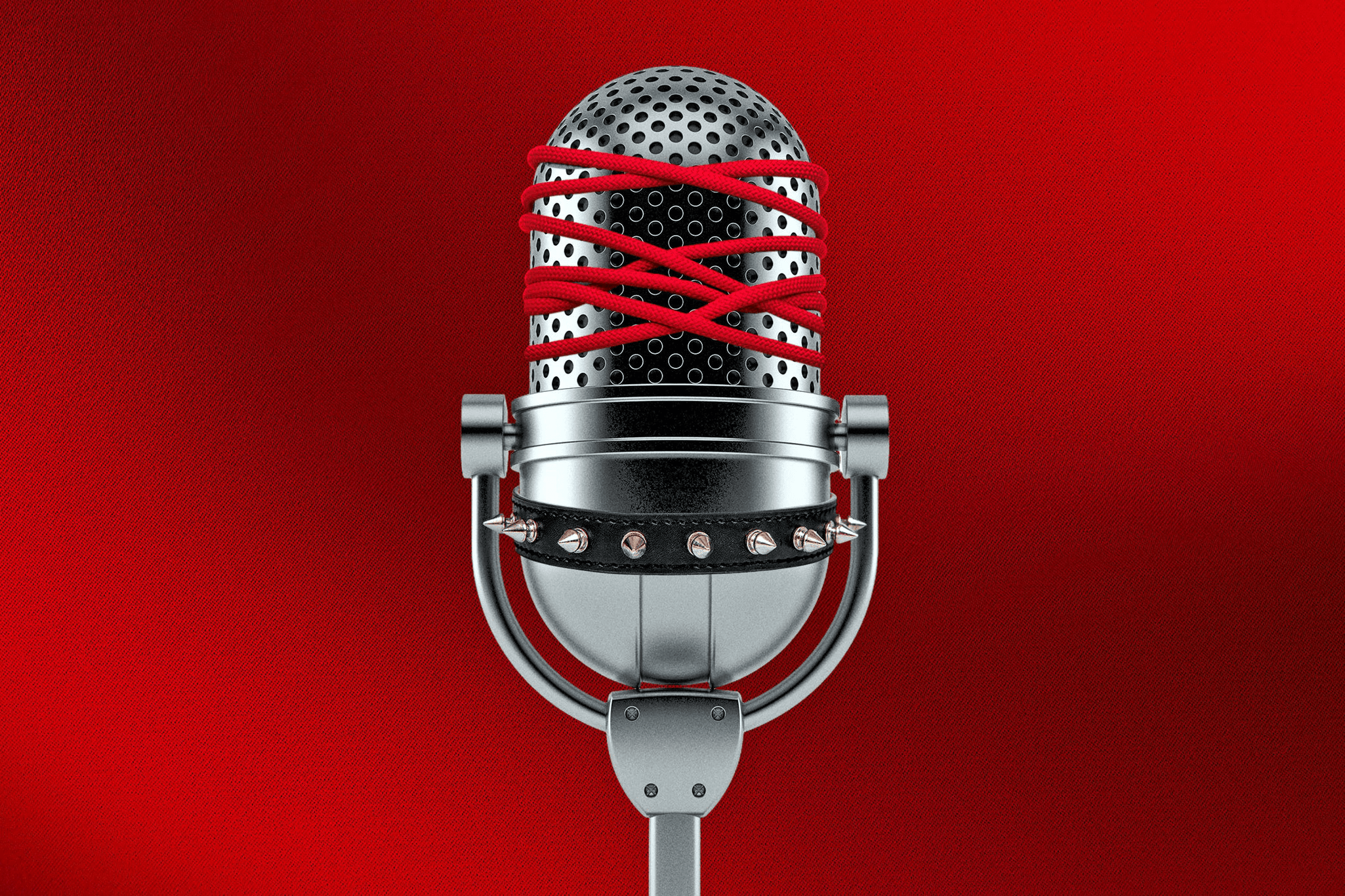 A photo illustration of a mic against a red background