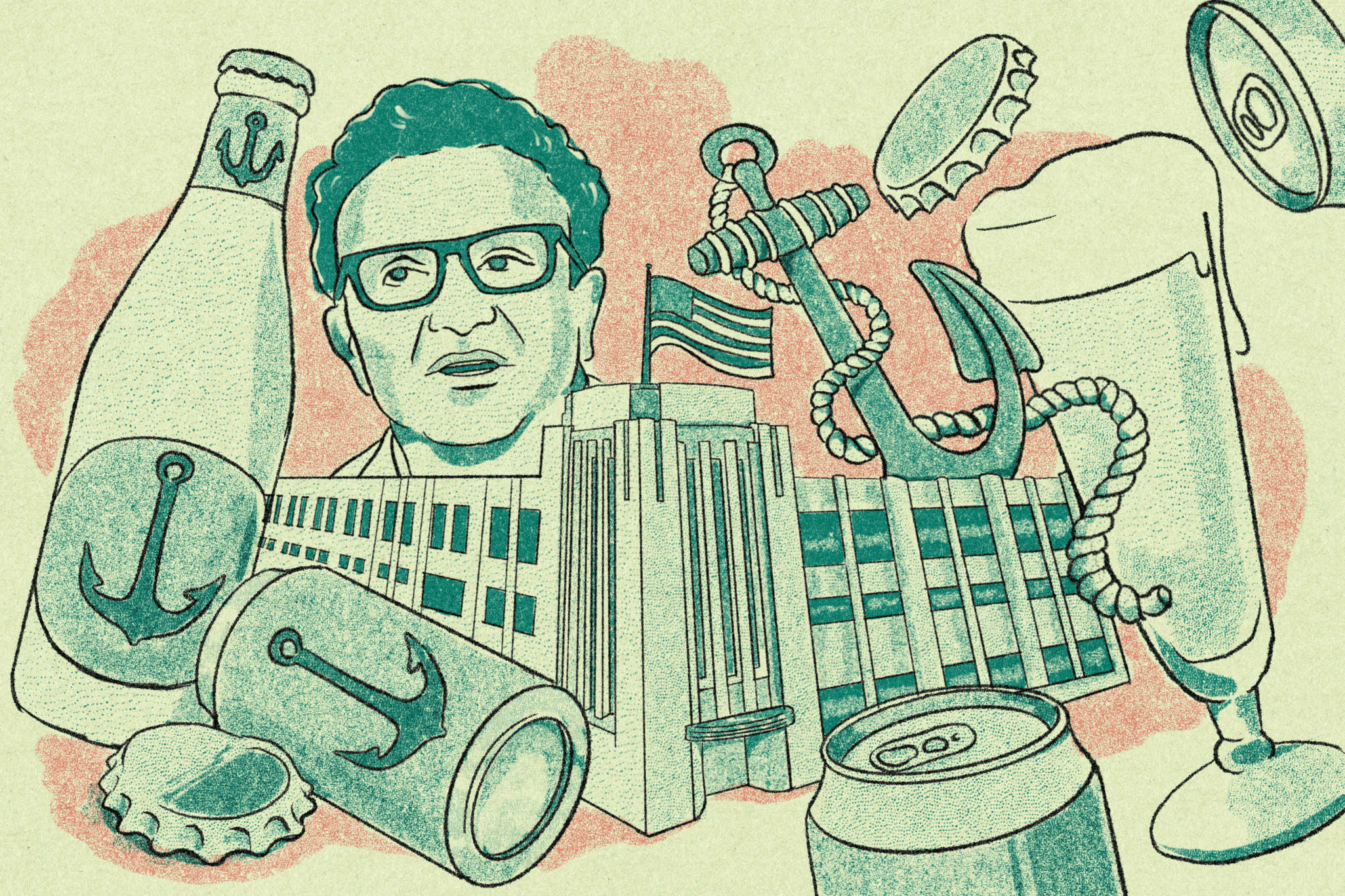 The image shows a sketch featuring a person with glasses, a building, an anchor, beer bottles, cans, and a glass, all with anchor motifs, set on a pastel background.